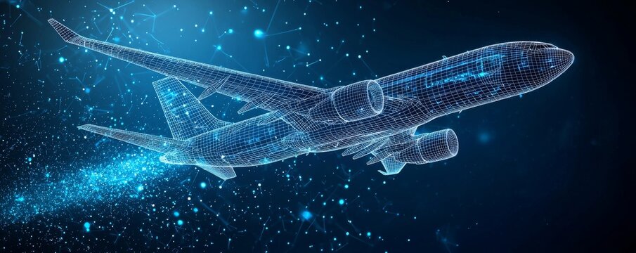 Wireframe airplane in digital space showcasing futuristic aviation technology