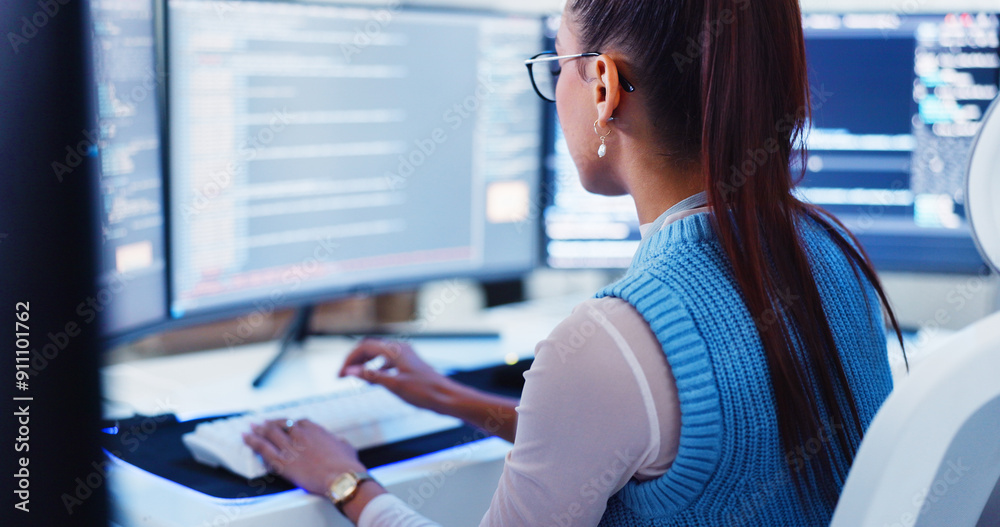 Aufkleber Programming, woman and typing on computer for software development, cloud computing server or system update. Professional, app coding and cyber security with IT database for data analysis and testing
