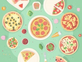 6 United States pizza flat design bird's-eye view casual dining theme animation colored pastel