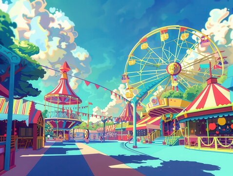 5 Playful fairground flat design quirky perspective anime theme cartoon drawing Split-complementary color scheme