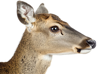 Obraz premium A close-up portrait of a deer showcasing its intricate features and natural beauty against a clean background.