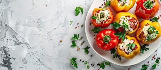 A delicious view of stuffed peppers on a white table ready for your text in the copy space image