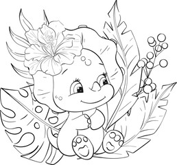 Vector baby dinosaur with palm, monstera leaves. Clipart for baby shower, nursery, decor, stickers, prints with historical animals. Jurassic period. Black silhouette for circuit