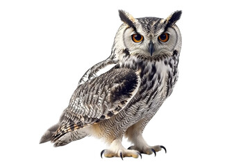 Fototapeta premium A majestic owl with striking features, showcasing its beautiful feathers and piercing eyes, perfect for nature-themed projects.