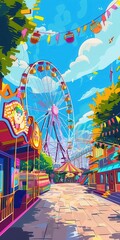 Obraz premium 16 Quirky amusement park flat design cheerful perspective anime theme cartoon drawing colored pastel