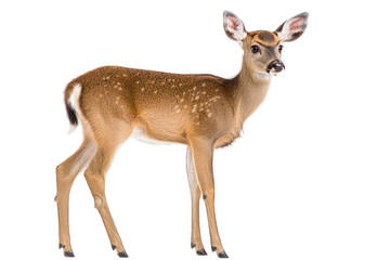 Obraz premium A young deer standing gracefully with soft fur and delicate features, showcasing nature's beauty and wildlife in a serene pose.