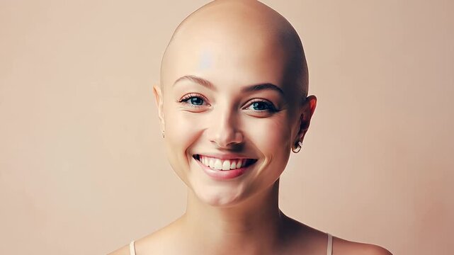 Portrait of a beautiful young woman with shaved head. Bald hairstyle and perfect clean skin.