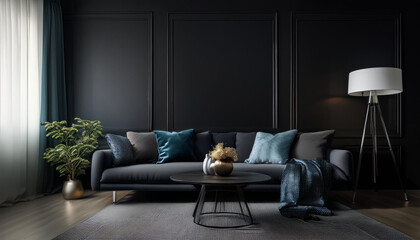 Black wall living room have sofa and decoration with pillows, lamp on table beside window, home interior concept