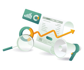 An illustration of a magnifying glass hovering over a website, symbolizing search engine optimization