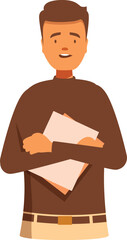 Cartoon man is holding some documents and smiling happily