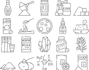 Food Additives Formula Collection Icons Set Vector. Corn Syrup And Sugar Substitute, Chemical Inventory And Amino Acids Food Additives Black Contour Illustrations