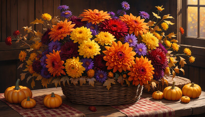 Autumnal Bouquet with Pumpkins and Fall Flowers