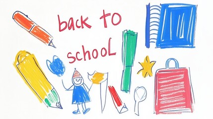 Colorful "back to school" drawing with pencils and crayon illustrations of books, balloons, and sun on white background