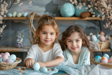 Fototapeta premium Two girls decorating Easter eggs in a festive setting.