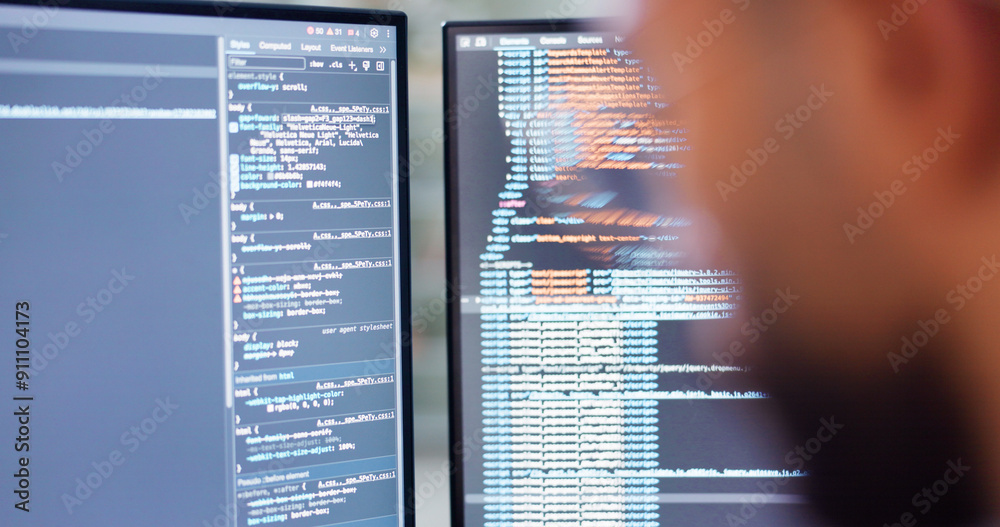 Aufkleber Computer, screen, programming and web development with person in office for coding script. Cybersecurity, data and software code with programmer in workplace for mainframe, network or online design
