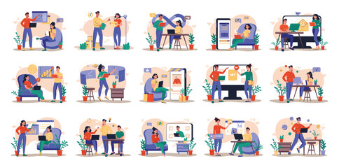 Mega set of different concepts with people scene in flat cartoon design. A massive collection of bright illustrations with various life situations on a beige background. Vector illustration.