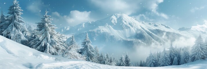 Obraz premium A snowy forest stands under a cloudy sky, with a distant mountain range visible, capturing the serene essence of a winter day.