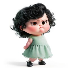 Fototapeta premium Grumpy cartoon toddler girl with curly black hair pouting in a light green dress, isolated on a white background.