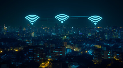 Modern city with wireless network connection and urban landscape concept wireless network and connectivity technology on city background at night