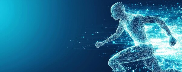 Digital wireframe illustration of an athlete running with futuristic tech elements