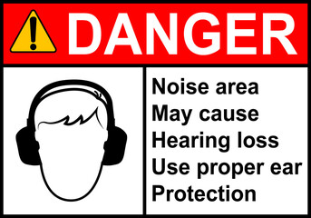 Hearing protection sign. High noise areas. Wear earmuffs or earplugs. Take precautions to protect...