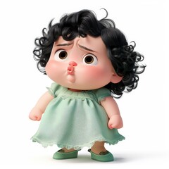 Fototapeta premium 3D Render of a Cartoon Girl with Curly Black Hair in a Green Dress