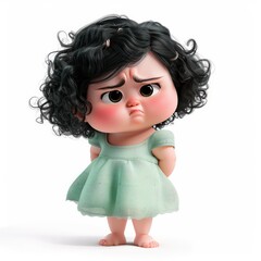 Fototapeta premium Adorable cartoon little girl with curly black hair pouting and looking sad in a green dress against a white background.