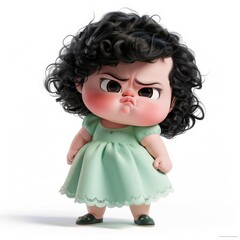 Fototapeta premium Cute little cartoon girl with curly black hair wearing a green dress looking angry and pouting against a white background.