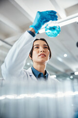 Chemical, reaction and science with woman in laboratory for breakthrough, innovation or research....