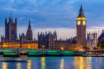 Houses of Parliament with Big Ben tower and Westminster bridge at sunset, London, UK