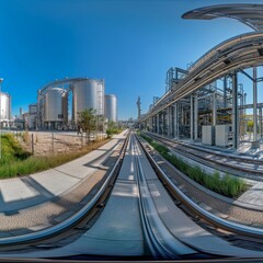 Obraz premium A panoramic view of a hydrogen energy landscape, showcasing a hydrogen power plant with large steel tanks and pipelines, integrated into a natural environment. Wide-angle view, 4K high-resolution wall