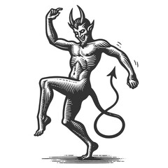 Fototapeta premium dancing devil with horns and tail, showcasing a mischievous and playful character sketch engraving generative ai fictional character vector illustration. Scratch board imitation. Black and white image