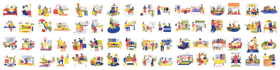 Fototapeta premium Big bundle of saturated color concepts with people scene in flat cartoon design. The set of illustrations are done in bright colors and cover a variety of topics. Vector illustration.