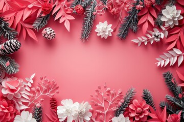 Obraz premium Festive holiday composition with pink and white paper decorations and pinecones on a bright pink background.