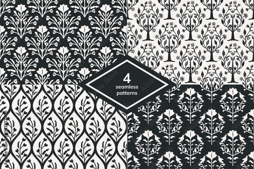 Sticker Seamless black and white floral patterns set