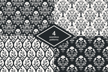 Seamless black and white floral patterns set