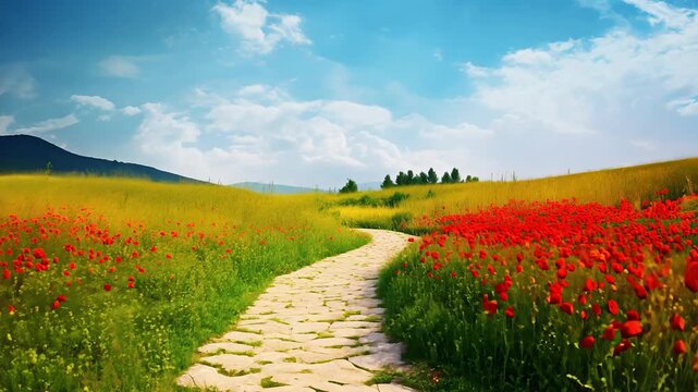 Yellow brick road through green meadows with red poppy flowers, fantasy summer background. 
