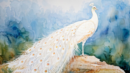 albino peacock spreading its radiant feathers standing amidst a tranquil watercolor wash landscape