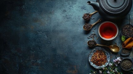 cup of tea dry tea leaves top view. Selective focus