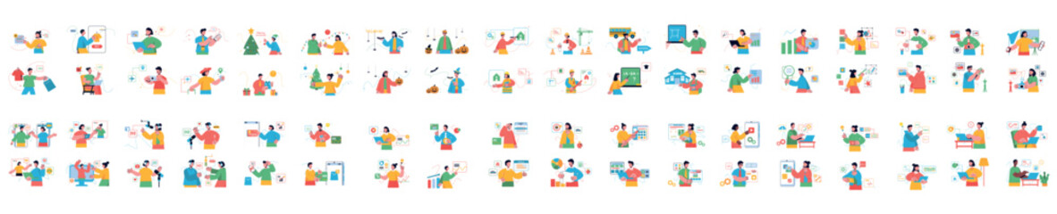 Fototapeta premium Big bundle of simple color concepts with people scene in flat cartoon design. School, social media, business, shopping and many other topics are depicted in this collection. Vector illustration.