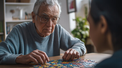 Engaging Puzzle Session Between Elderly Man and Young Child at Home in the Afternoon