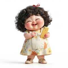 A cartoon girl with curly brown hair, wearing a floral dress, holding a yellow smartphone and laughing