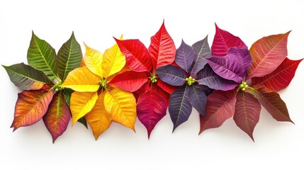Colorful poinsettia star flower leaves, arranged on a white background, showcasing their vivid hues