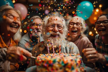 Joyful elderly man celebrating his birthday with a cake and balloons, surrounded by confetti and friends.