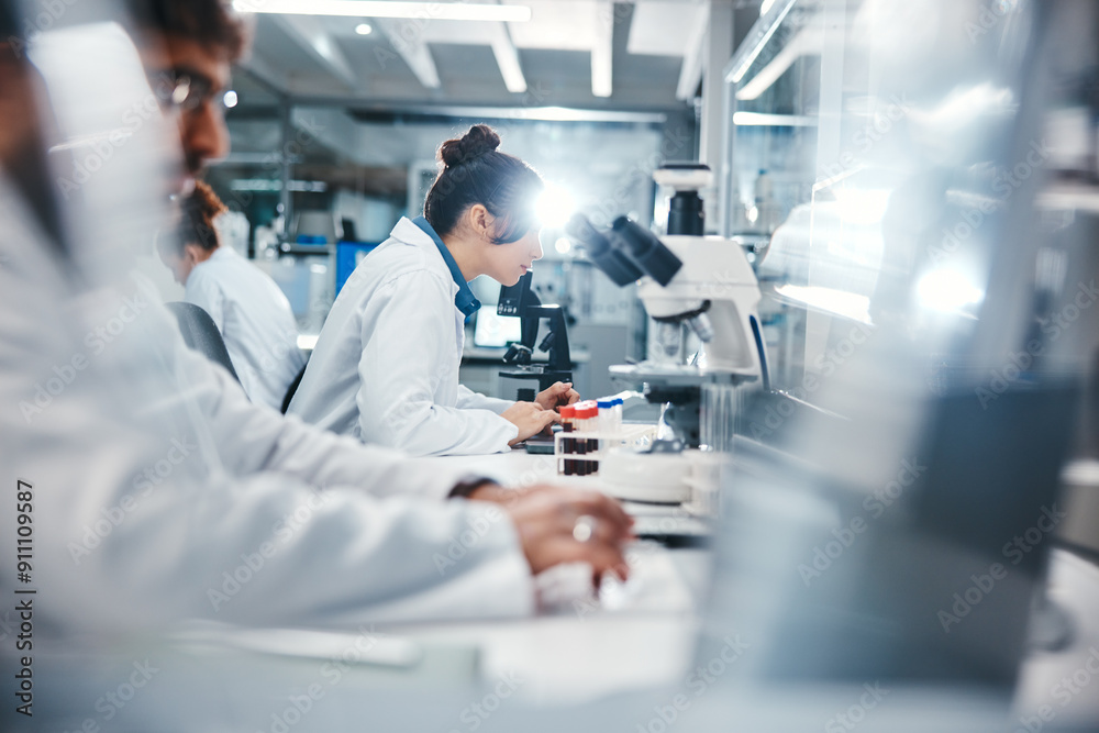 Poster medical, research and scientist in laboratory with microscope, observation and experiment for study.