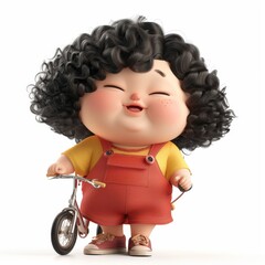 Fototapeta premium Cute 3D cartoon character of a happy chubby child with curly black hair standing next to a small toy bicycle on a white background.