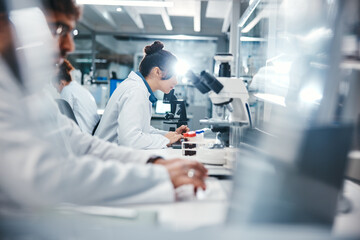 Medical, research and scientist in laboratory with microscope, observation and experiment for...