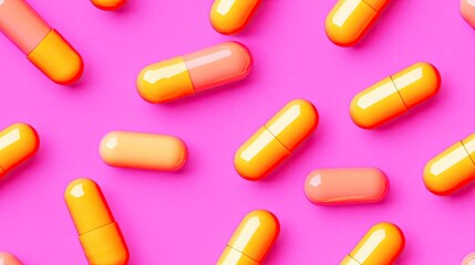 Vibrant Capsules in Various Shades of Orange and Pink on a Bright Pink Background