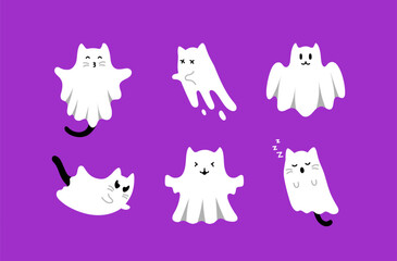 Cute Halloween Ghost Cats Set. Hand drawn spooky flying spirits collection. Cartoon funny kittens ghost on purple background. Vector simple Halloween horror kawaii characters