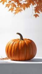 Naklejka premium Orange Pumpkin on a White Background with Fall Leaves